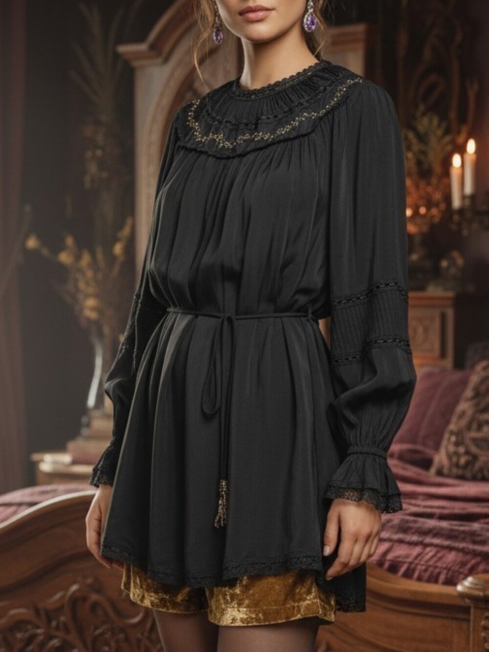 New Zara ZW Collection Beaded Embroidery Boho Mini Dress w/ Lace Black